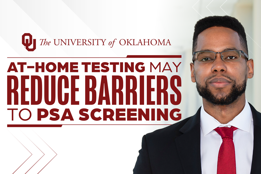 On the left, the words "at-home testing may reduce barriers to PSA screen." On the right, a headshot of Adam Alexander.