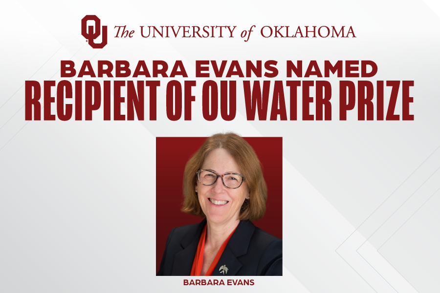A graphic showing a photo of Barbara Evans with the text: "Barbara Evans Named Recipient of OU Water Prize"