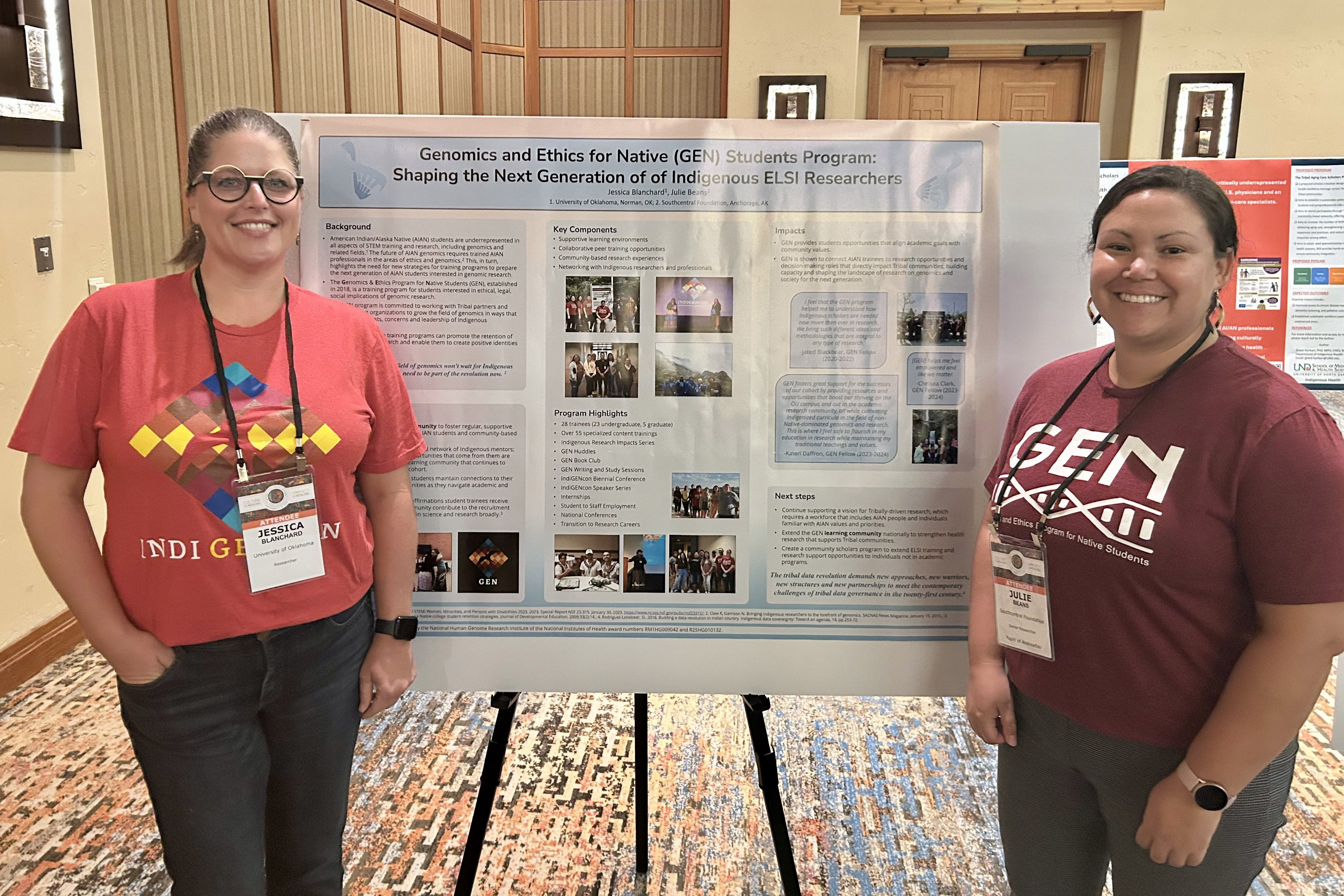 Two people stand in front of a research poster.