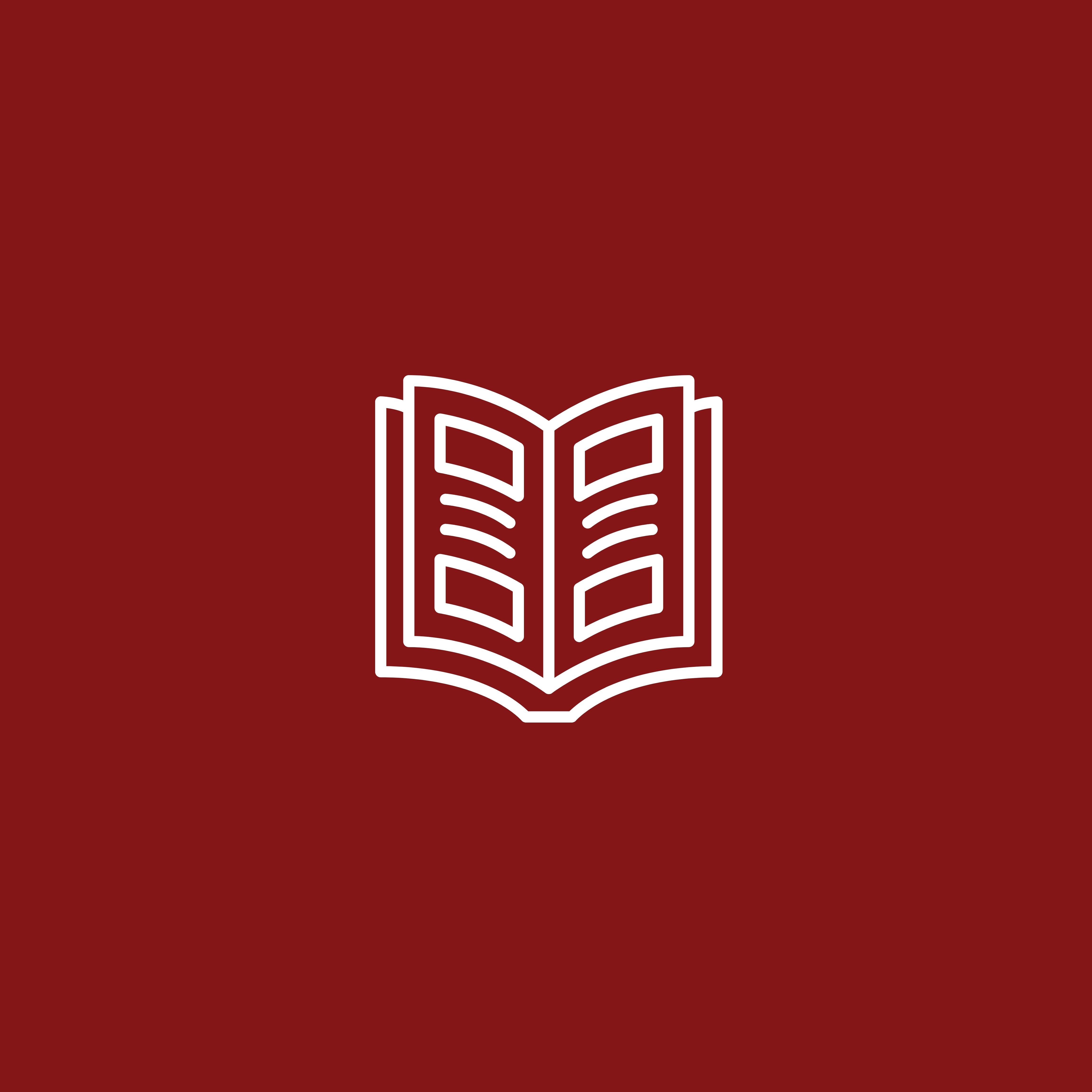 A white book icon over a crimson background.