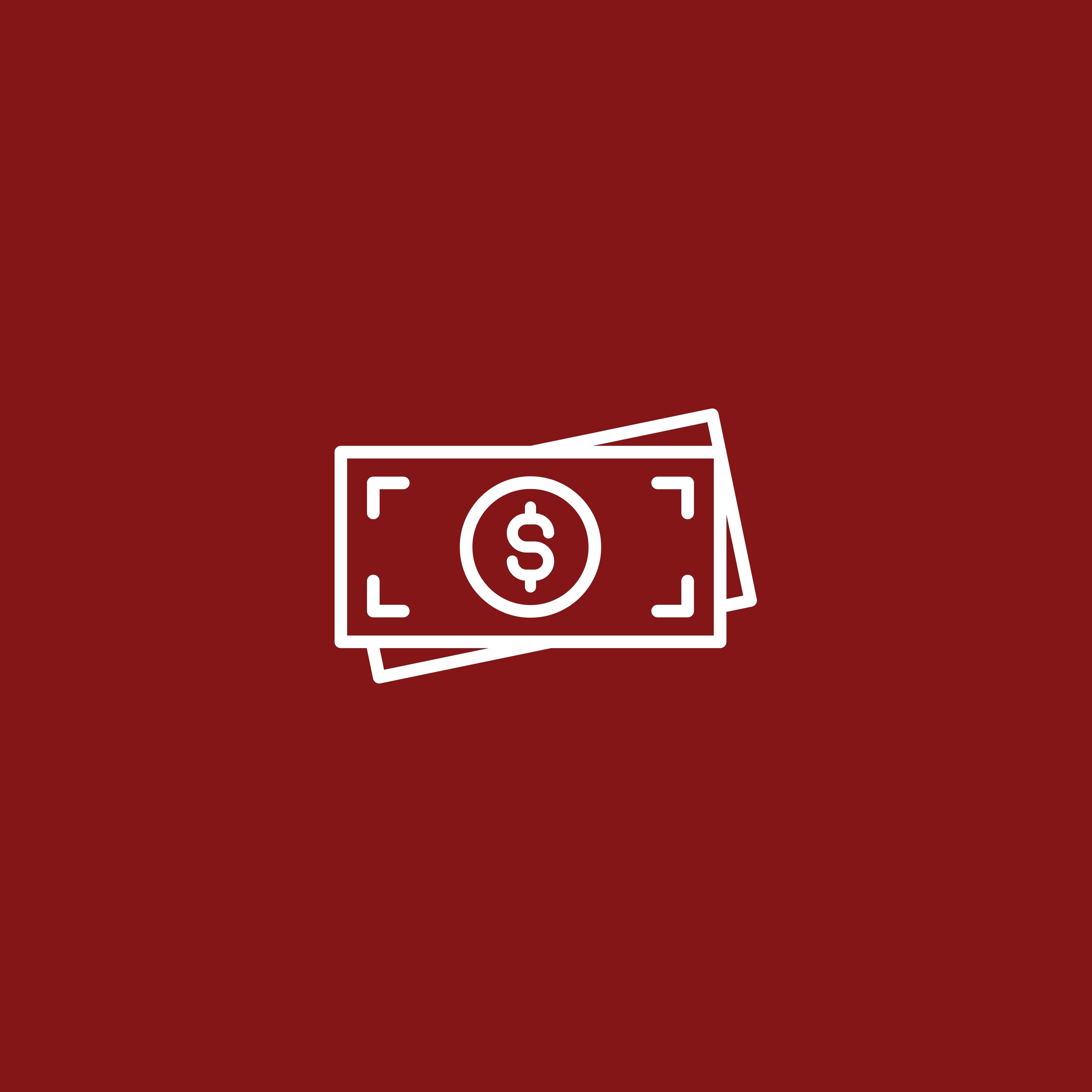 A white icon of a paper money over a crimson background.