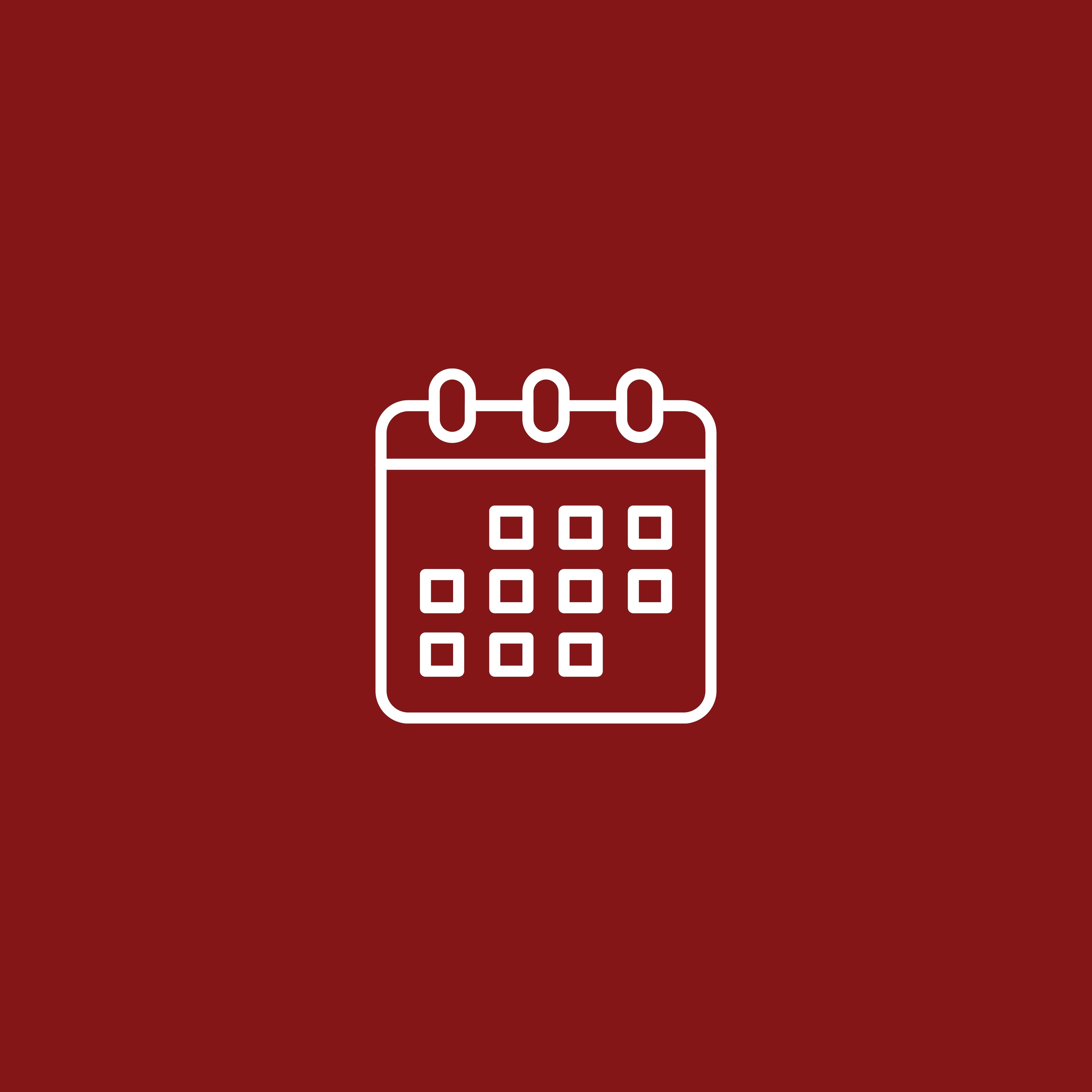 A white icon of a calendar over a crimson background.