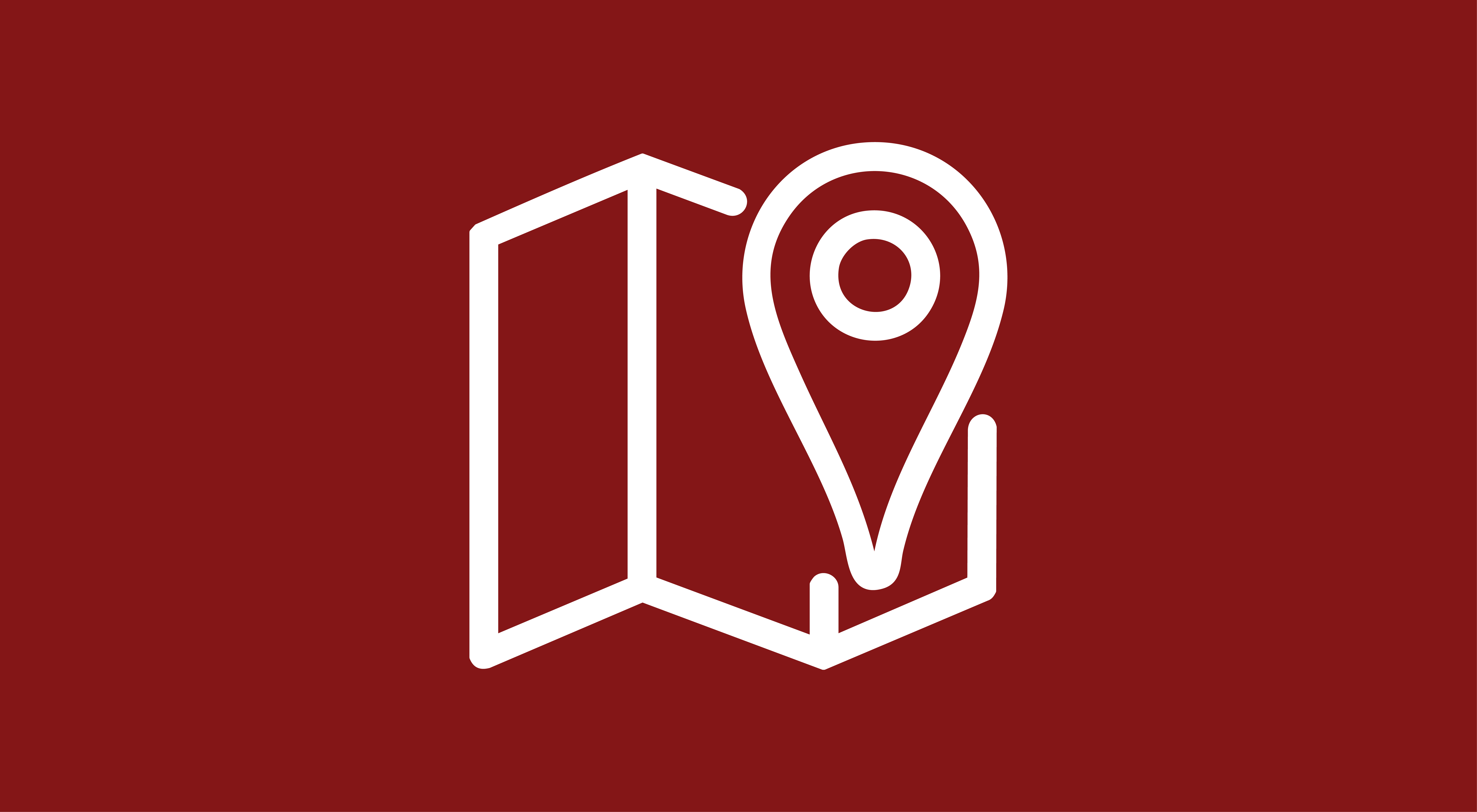 White map icon with compass point with a crimson background.