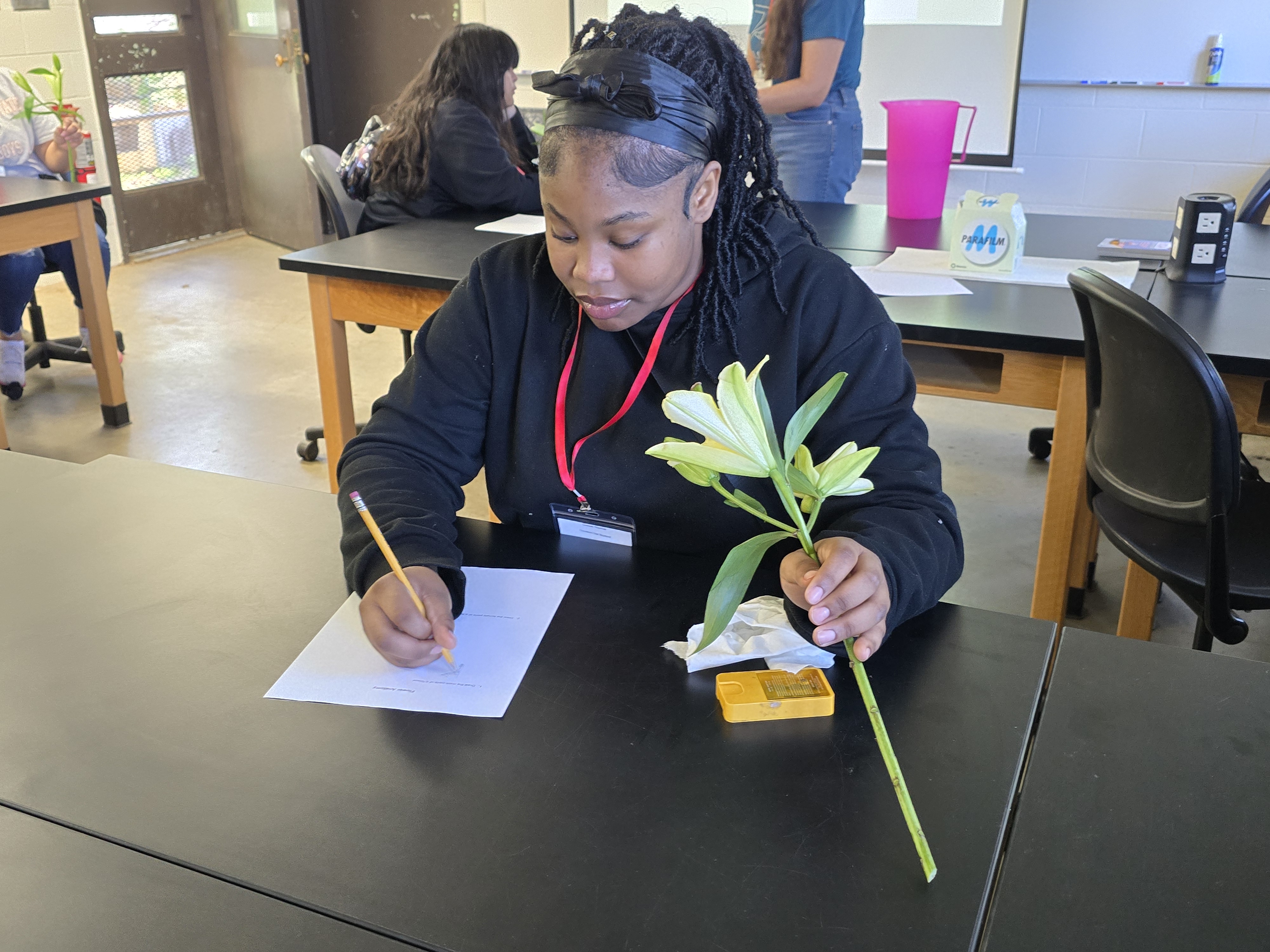 Student examining a plant specimen and recording observations at a lab table during a biology investigation activity at the biological station.