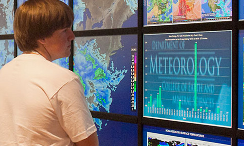 Students posing for a photo on the terrace with the stadium in the background. 