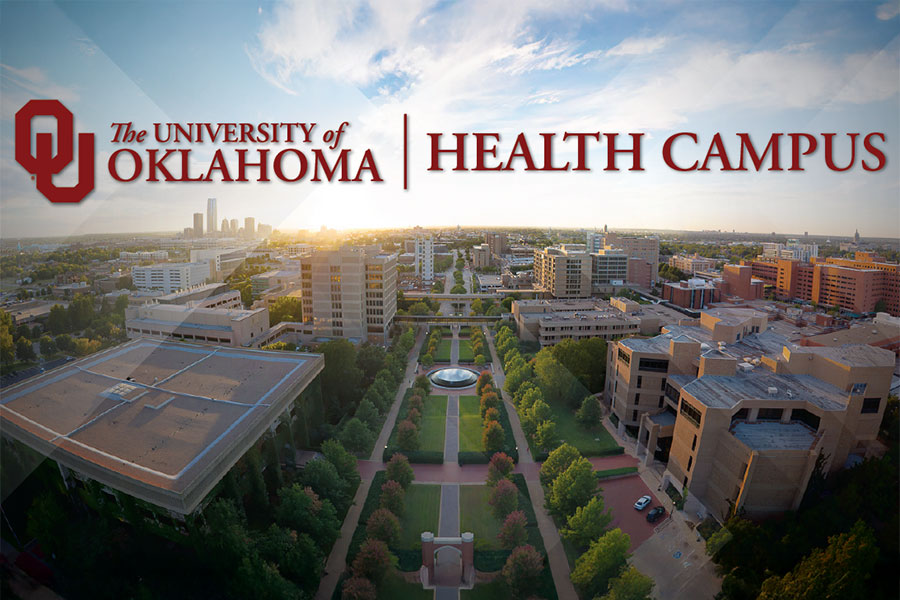 Interlocking O U, The University of Oklahoma, Health Campus wordmark above an aerial view of the Health Campus.