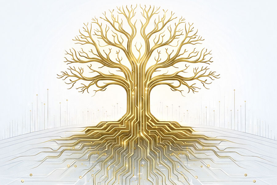 digital pathways that form branches and roots of a tree.
