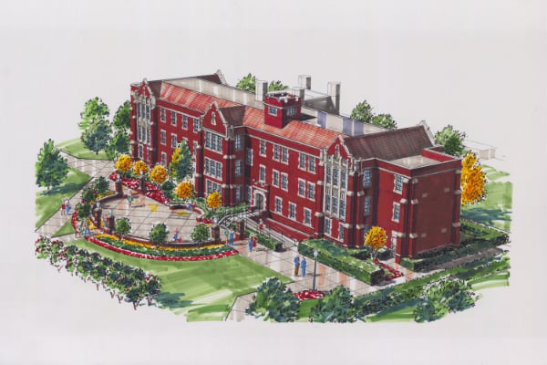 An architectural drawing of a building surrounded by trees.