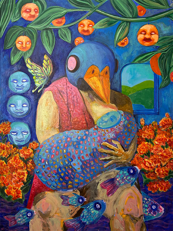 A bird mother cradles a swaddled baby. Framed by colorful faces, flowers, and vines.