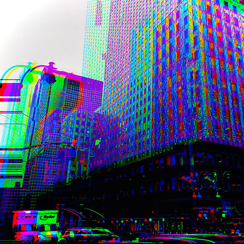 A neon image of skyscrapers with traffic below.