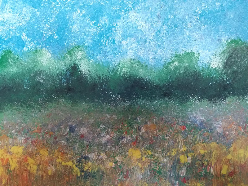 A impressionistic painting of flowers with green trees in the background, framed by a blue sky.