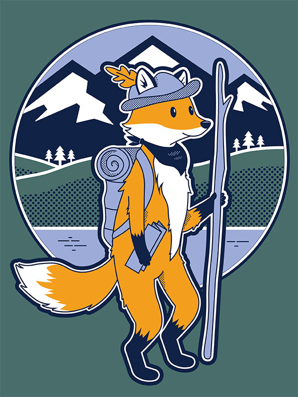 A fox dressed in hiking gear framed by a stylized scene of mountains, a stream, and forest.