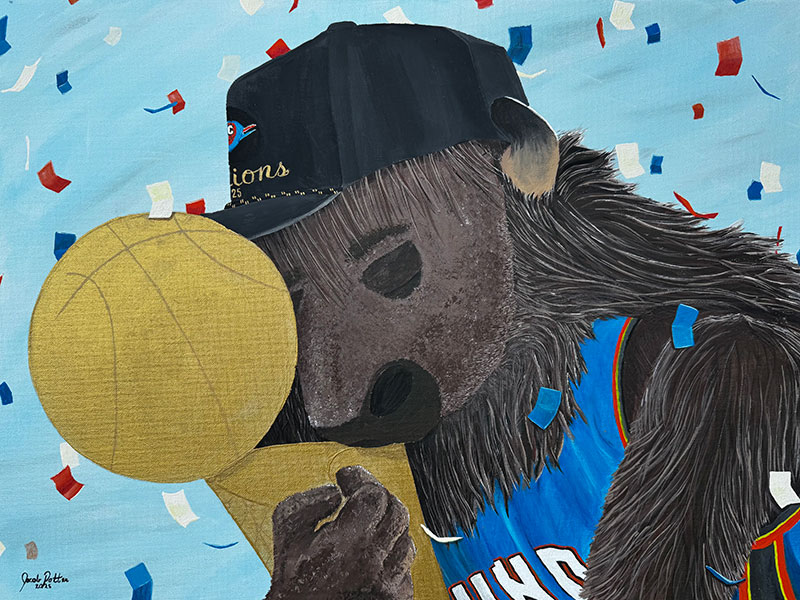 A painting of a bison dressed in Thunder jersey embracing the NBA trophy.