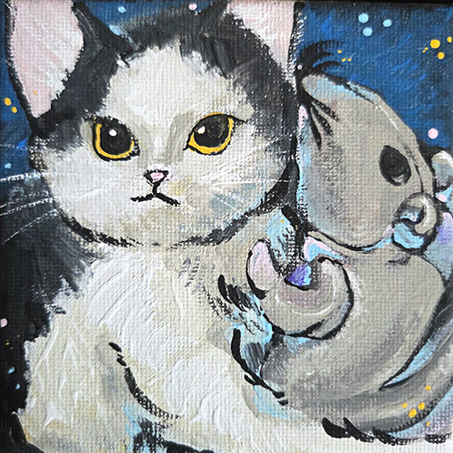 A painting of a black and white cat embracing a grey mouse.