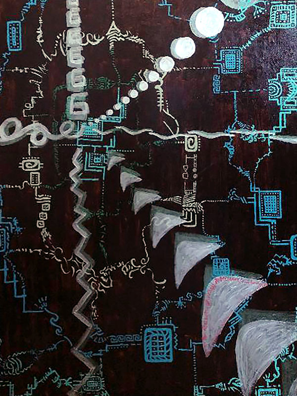 A painting of shapes numbers, and blue patterns on a black background.