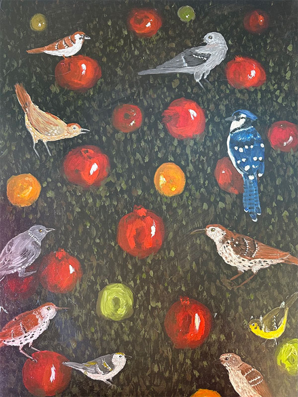 A painting of birds framed by a variety of fruits.