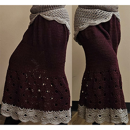Deep red crocheted skit with delicate white border.