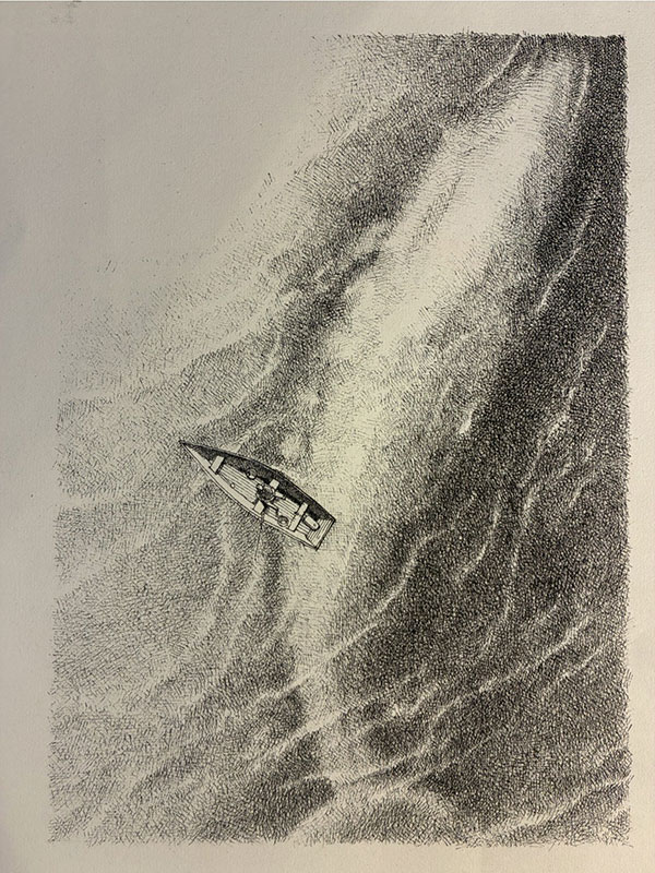 A black and white drawing of a kayaker framed by a whale deep in the water.