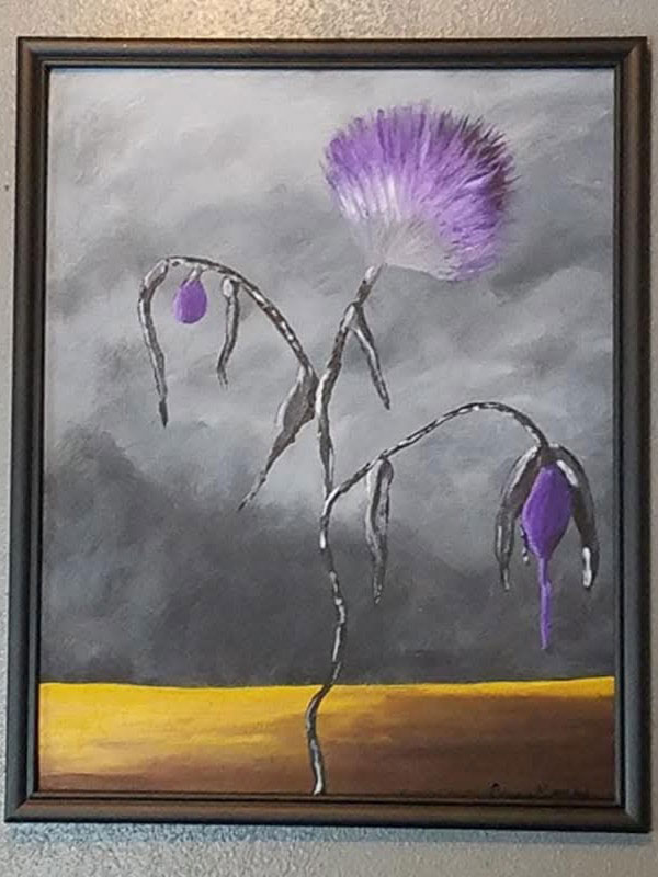 A painting of fading purple flowers framed by a stormy grey sky.