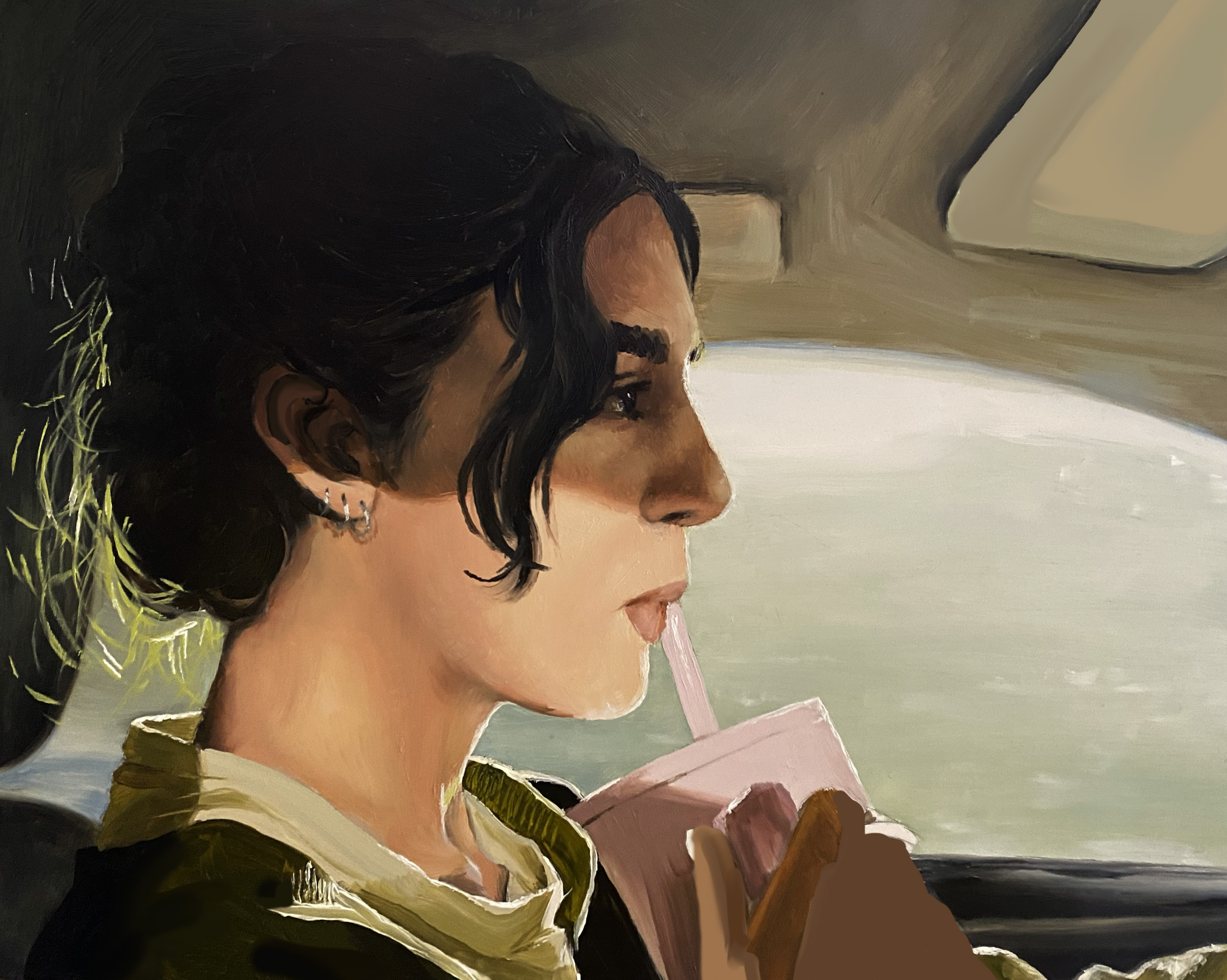 An oil painting featuring a figure with dark hard driving and sipping from a pink water bottle.