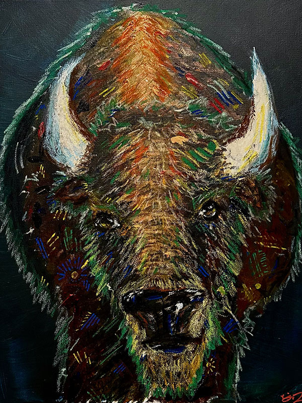 A painting of a bison head on.