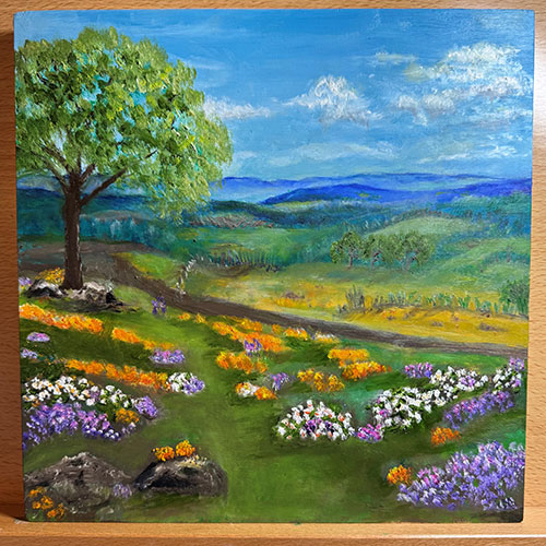 Painting of an open field with a tree framed by summer wildflowers in yellow, white, and purple.
