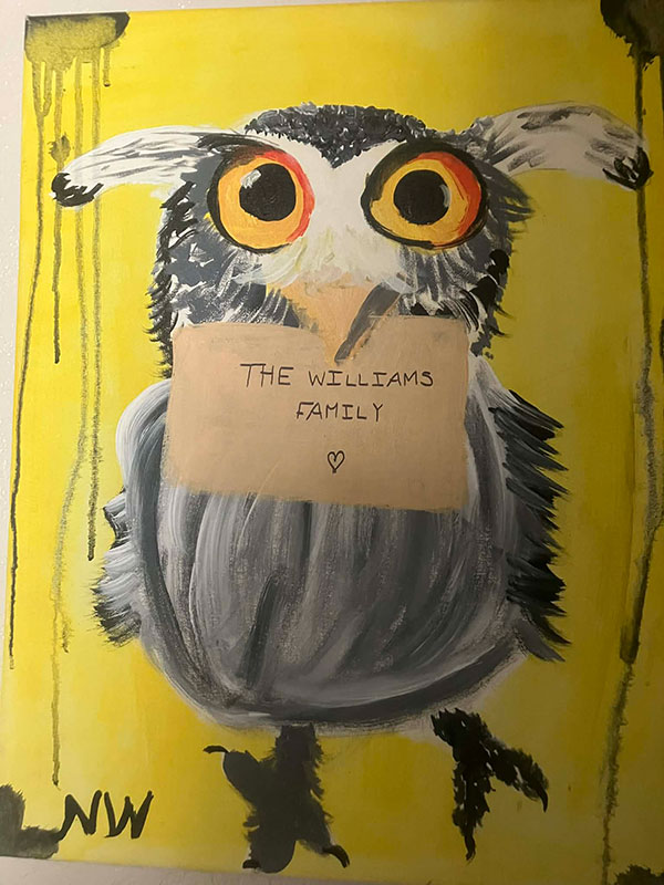 A painting of an owl holding a letter on a yellow background.