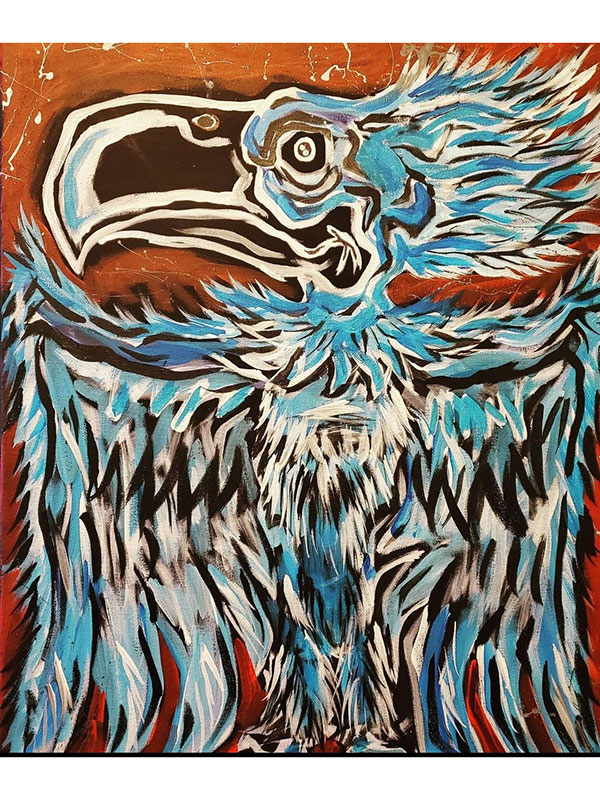 A painting of a thunderbird in bright blues, white, black and grey.
