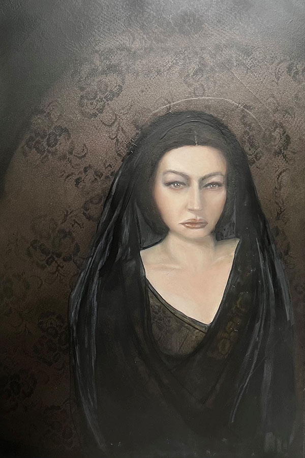A painting of a figure in dark moody tones.