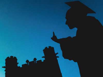 A silouette of a graduate holds up a one index finger, with OU architecture behind them.